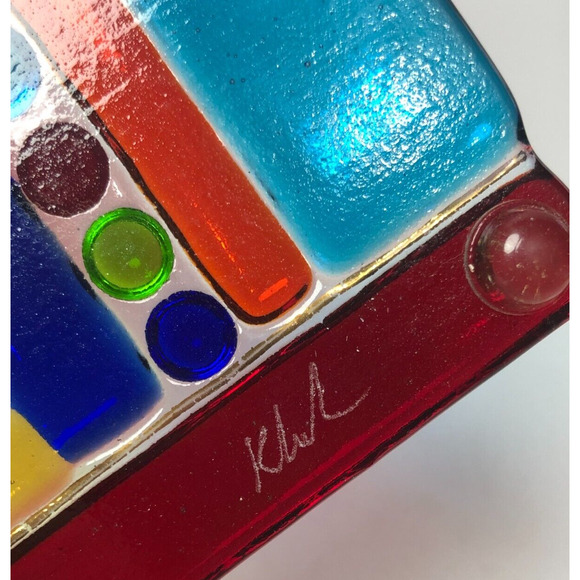 Signed Kathy Hudson Me 2 U Fused Art Glass Cheese Tray Trinket Dish Colorful - Picture 2 of 3